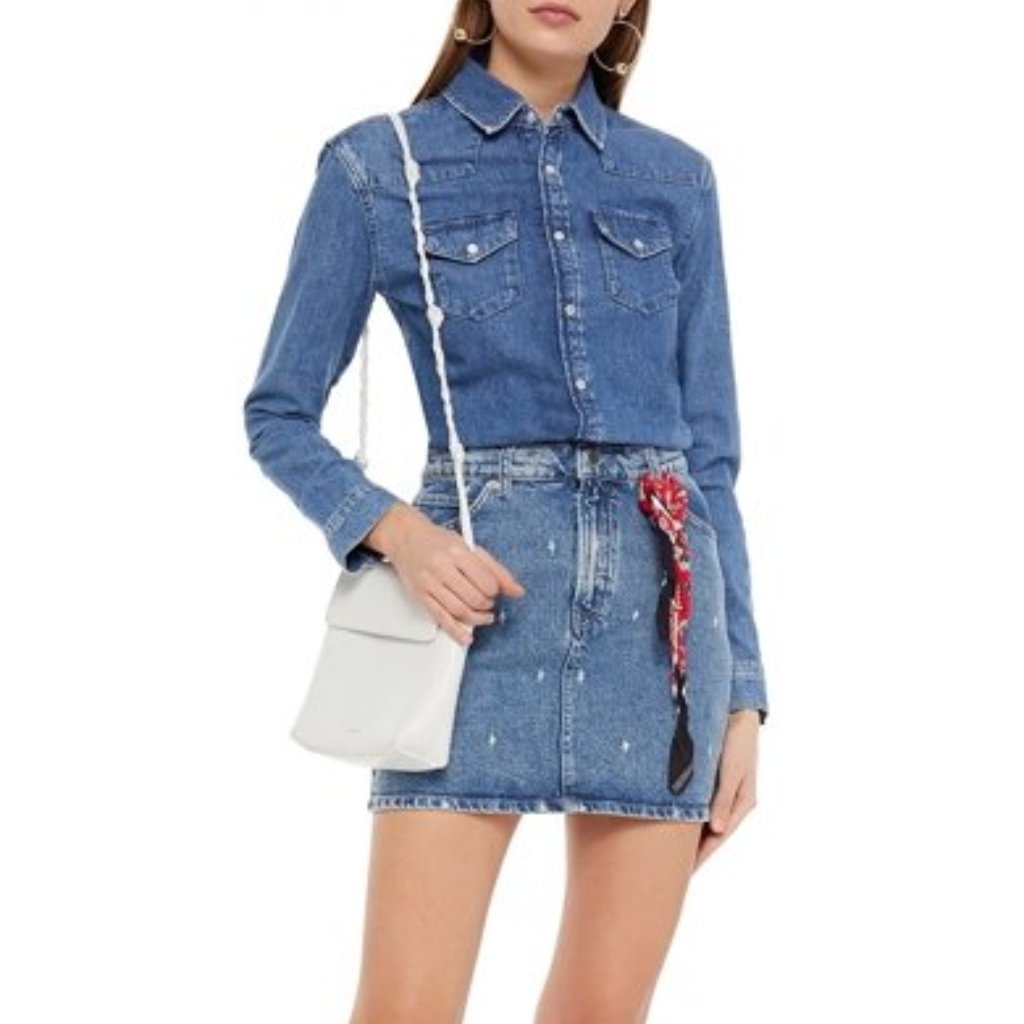 Maje Rimel Printed Denim Mini Dress In Mid Denim Size 36